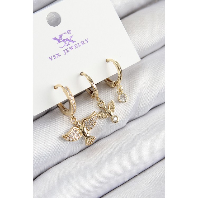 Gold-Colored Women's Earrings with Zircon Stones in a Triple Bird Design - TJ-BKP11140
