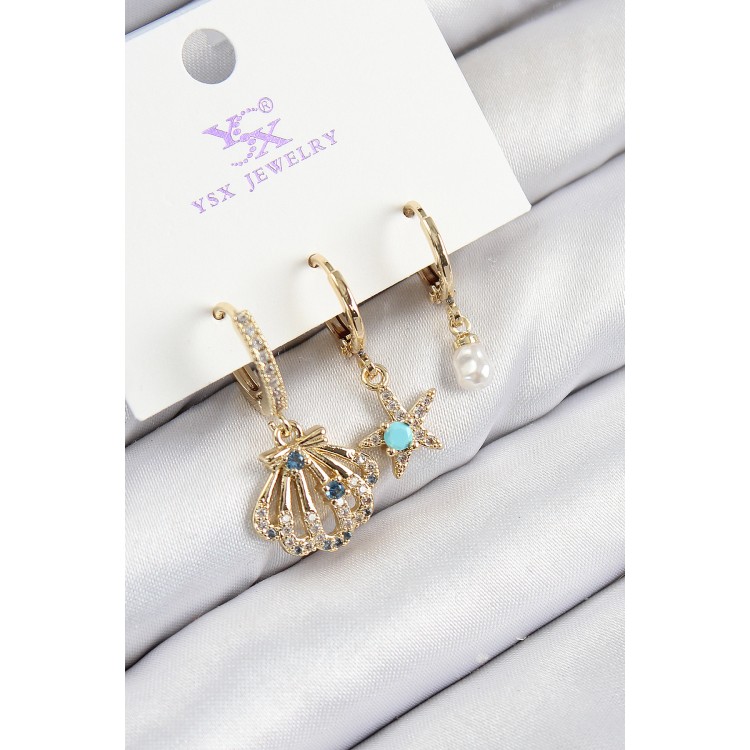 Gold-Colored Women's Earrings with Zircon Stones, 3-Piece Oyster and Star Design - TJ-BKP11141