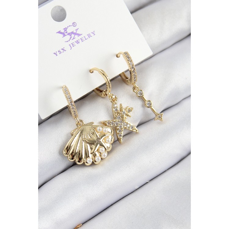 Gold-Colored Women's Earrings with Zircon Stones, 3-Piece Oyster and Star Design - TJ-BKP11144
