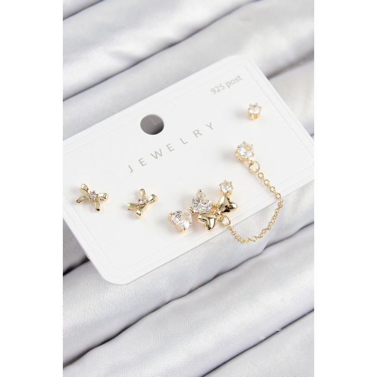 Rice-Shaped Zircon Stone Bow Model Gold Color 925 Sterling Silver Stud Women's Earring Set - TJ-BKP11156