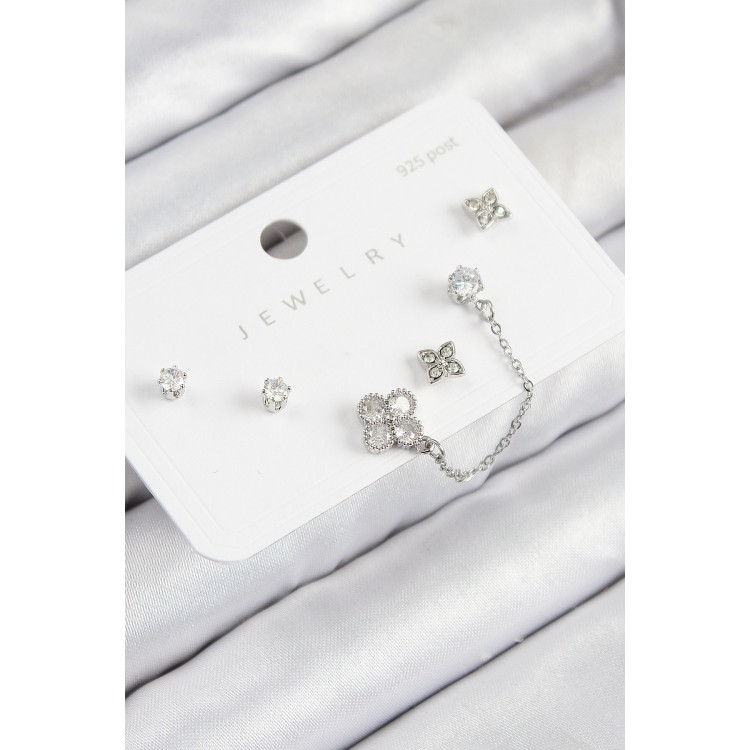 Clover Model Silver-Colored 925 Sterling Silver Stud Earrings with Zircon Stones - TJ-BKP11157 Clover Model Silver-Colored 925 Sterling Silver Stud Earrings with Zircon Stones - TJ-BKP11157