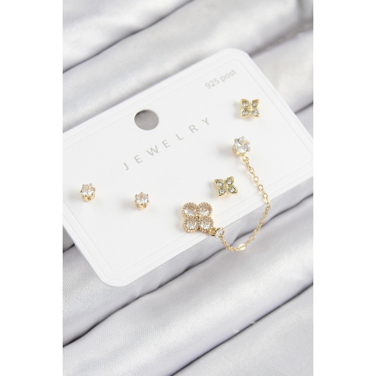 Gold-Colored 925 Sterling Silver Stud Earrings Set with Zircon Stone in Clover Design - TJ-BKP11158 Gold-Colored 925 Sterling Silver Stud Earrings Set with Zircon Stone in Clover Design - TJ-BKP11158