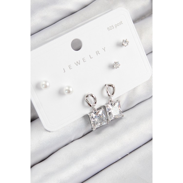 Rice-Shaped Zircon Stone Dangling Square Design Silver-Colored 925 Sterling Silver Stud Women's Earring Set - TJ-BKP11161