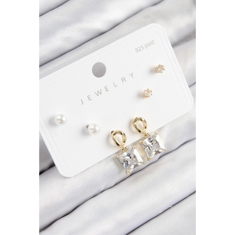 Rice-Shaped Zircon Stone Dangling Square Design Gold Color 925 Sterling Silver Stud Women's Earring Set - TJ-BKP11162