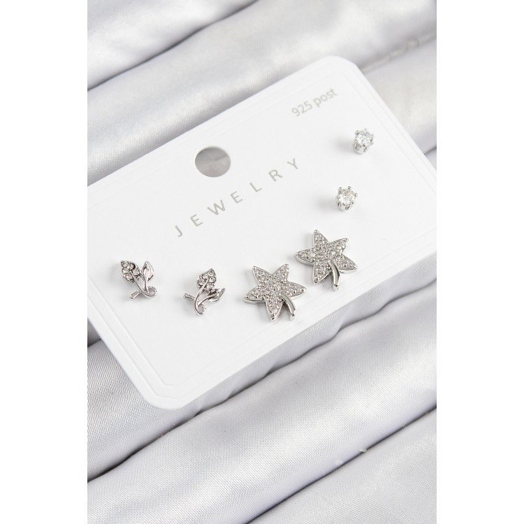 Rice Zircon Stone Star and Rose Design Silver Color 925 Sterling Silver Stud Women's Earring Set - TJ-BKP11179 Rice Zircon Stone Star and Rose Design Silver Color 925 Sterling Silver Stud Women's Earring Set - TJ-BKP11179