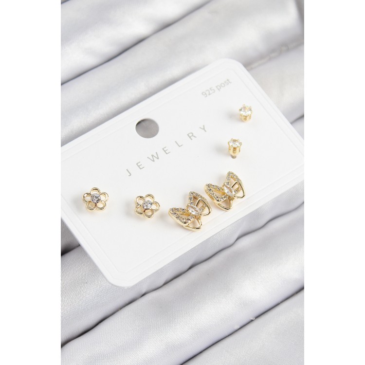 Gold-Colored Butterfly Model with Zircon Stone, 925 Sterling Silver Stud Earrings Set for Women - TJ-BKP11182