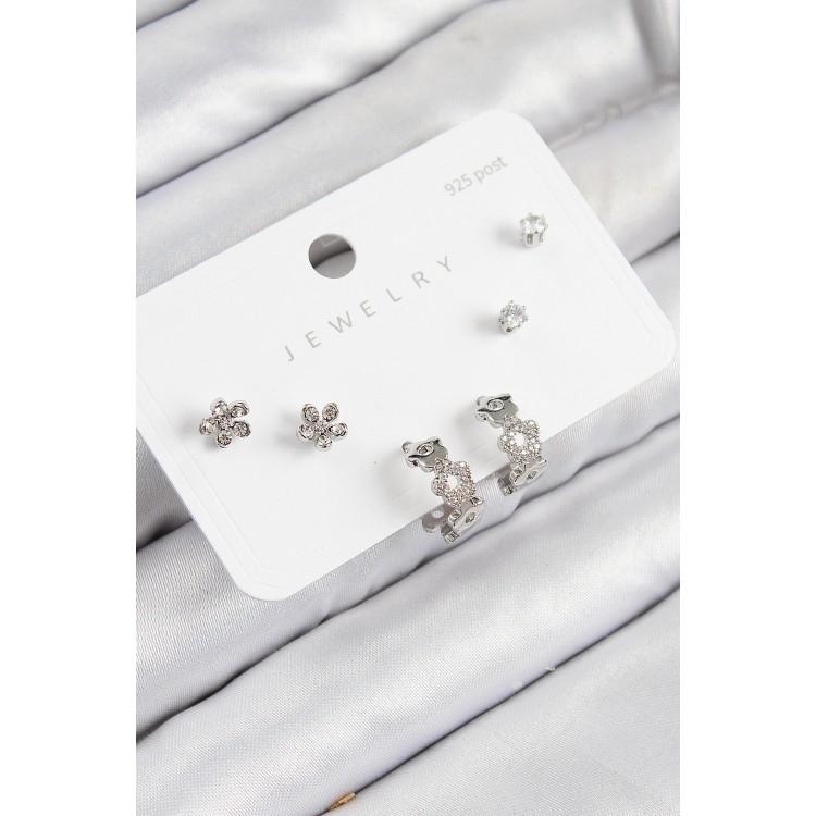 Rice-Shaped Zircon Stone Ring Model Silver Color 925 Sterling Silver Stud Women's Earring Set - TJ-BKP11185
