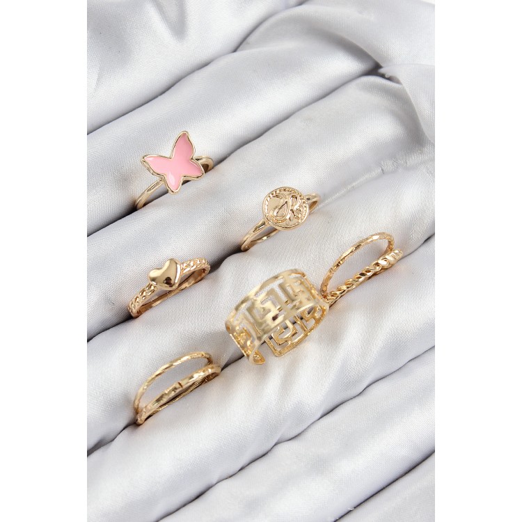 Gold-Colored Women's Ring Set with Rice Butterfly and Heart Design - TJ-BYK3817 Gold-Colored Women's Ring Set with Rice Butterfly and Heart Design - TJ-BYK3817