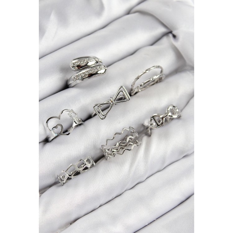 Rice Zircon Stone Bow and Heart Design Silver-Colored Women's Ring Combination Set - TJ-BYK3822 Rice Zircon Stone Bow and Heart Design Silver-Colored Women's Ring Combination Set - TJ-BYK3822