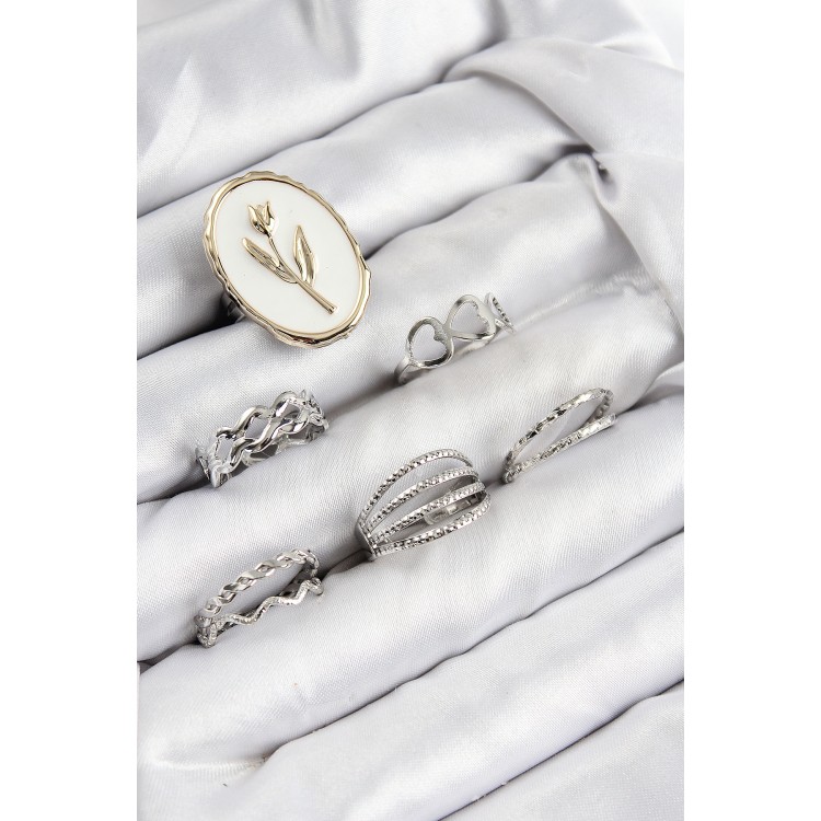 Rice Zircon Stone Tulip Model Silver Color Women's Ring Combination Set - TJ-BYK3824 Rice Zircon Stone Tulip Model Silver Color Women's Ring Combination Set - TJ-BYK3824