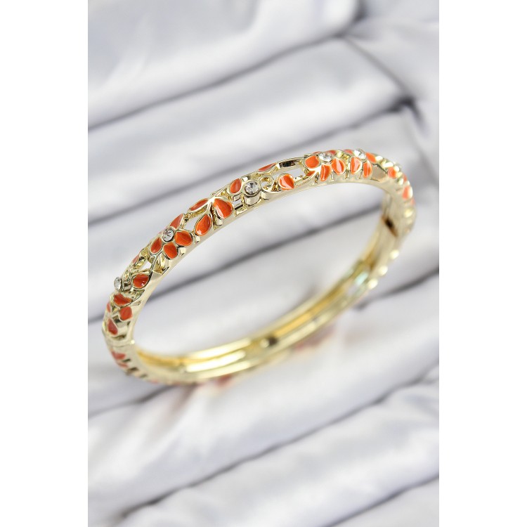 Gold Women's Bracelet with Orange Flower Motif, Zircon Stones, and Mineli Brass - TJ-BB7761 Gold Women's Bracelet with Orange Flower Motif, Zircon Stones, and Mineli Brass - TJ-BB7761