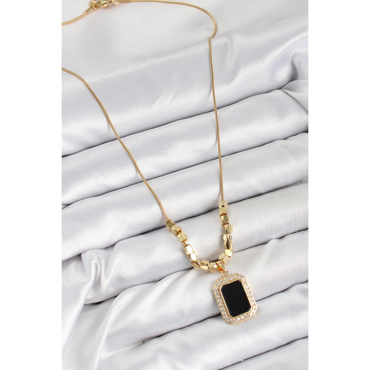 316L Steel Zircon Stone Black Baguette Model Gold Color Women's Necklace - TJ-BKO10480