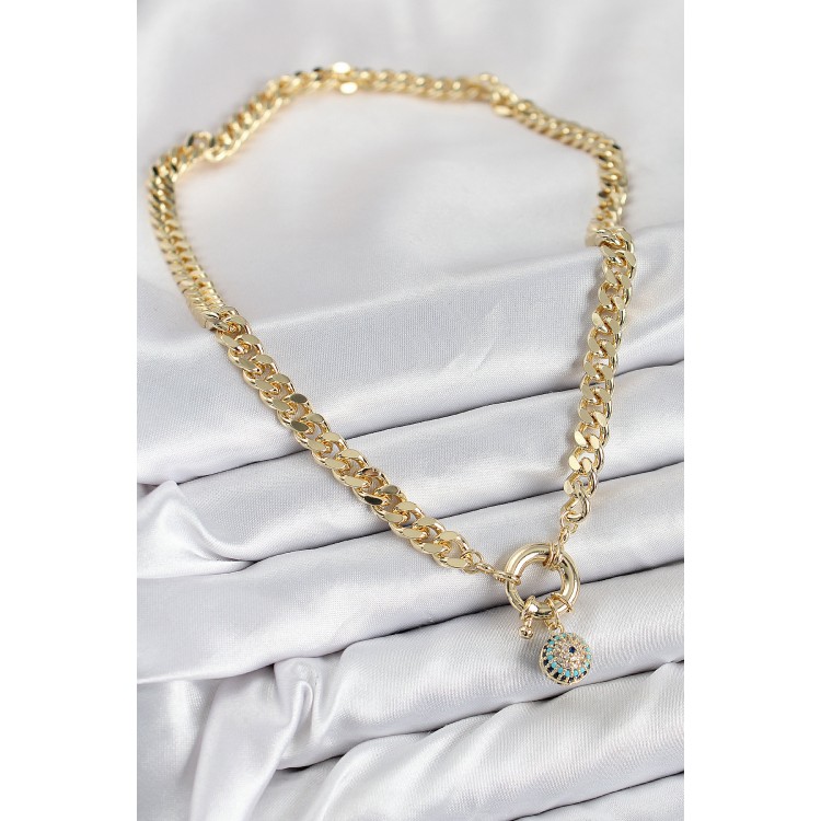 Classic Chain Necklace with Gold Color, Rice-Shaped Zircon Stones, and Detailed Nazar Beads for Women - TJ-BKO10482
