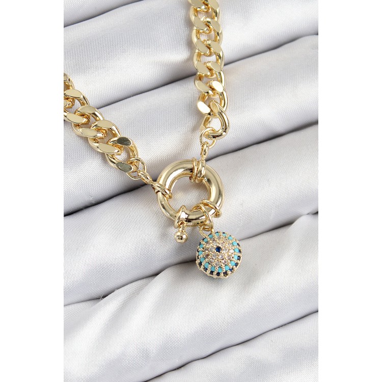 Classic Chain Necklace with Gold Color, Rice-Shaped Zircon Stones, and Detailed Nazar Beads for Women - TJ-BKO10482 Classic Chain Necklace with Gold Color, Rice-Shaped Zircon Stones, and Detailed Nazar Beads for Women - TJ-BKO10482
