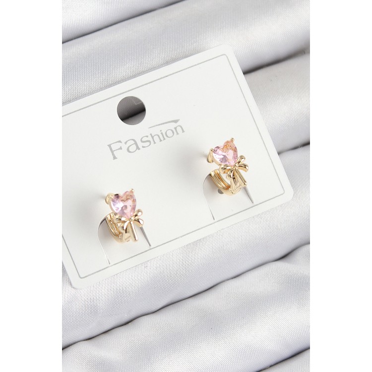 Gold-Colored Children's Earrings with Heart Design, Zircon Stone, and Bow - TJ-BKP11195