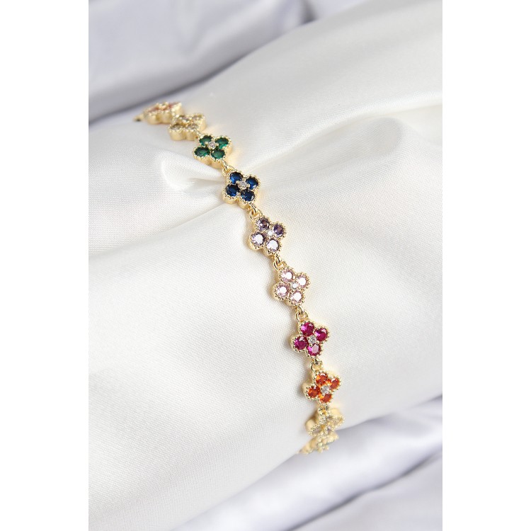 VIP Gold-Colored Clover Model Bracelet with Colored Zircon Stones for Women - TJ-BB7781