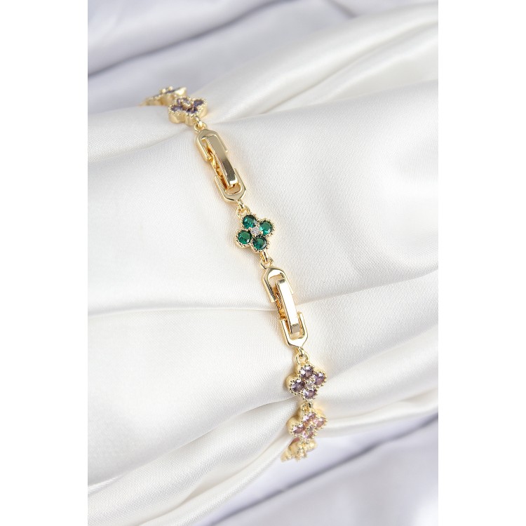 VIP Gold-Colored Clover Model Bracelet with Colored Zircon Stones for Women - TJ-BB7781