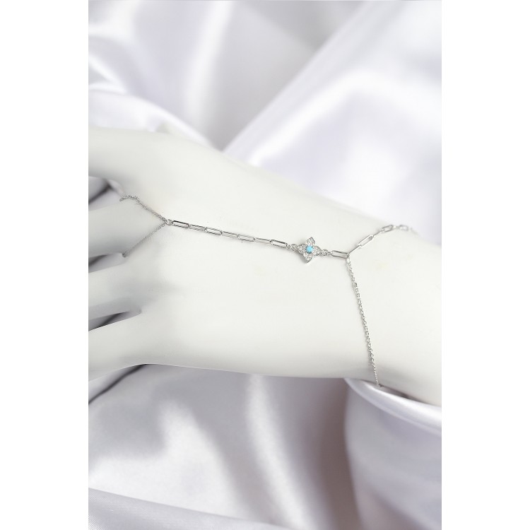 Silver-Colored Shamaran with Zircon Stone and Blue Beaded Clover Design - TJ-SN720 Silver-Colored Shamaran with Zircon Stone and Blue Beaded Clover Design - TJ-SN720