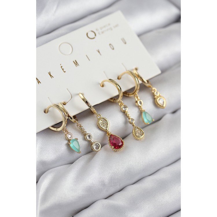 Gold-Colored 6-Piece Earrings Set with Zircon Stone Dangle Design - TJ-BKP11205 Gold-Colored 6-Piece Earrings Set with Zircon Stone Dangle Design - TJ-BKP11205