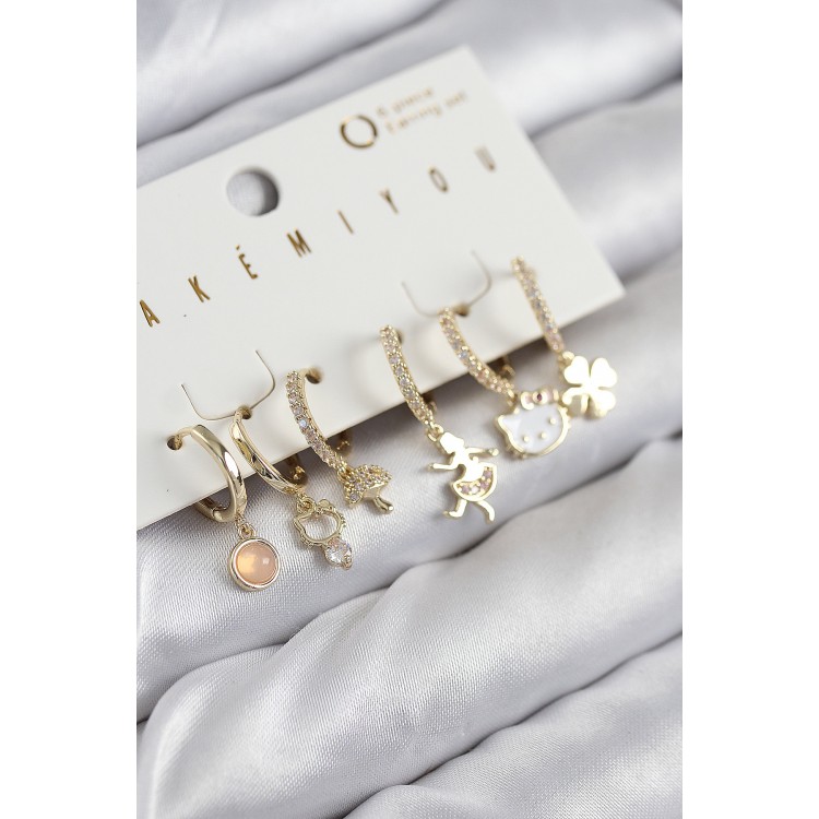 Gold-Colored Hello Kitty and Clover Model Earrings Set with Zircon Stones - TJ-BKP11206 Gold-Colored Hello Kitty and Clover Model Earrings Set with Zircon Stones - TJ-BKP11206