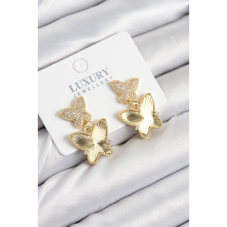 Gold-Colored Women's Earrings with Zircon Stone Butterfly Design - TJ-BKP11209