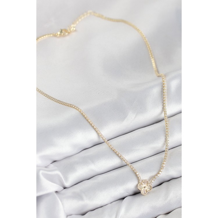 Gold-Colored Women's Necklace with Zircon Stone and Clover Design - TJ-BKO10490