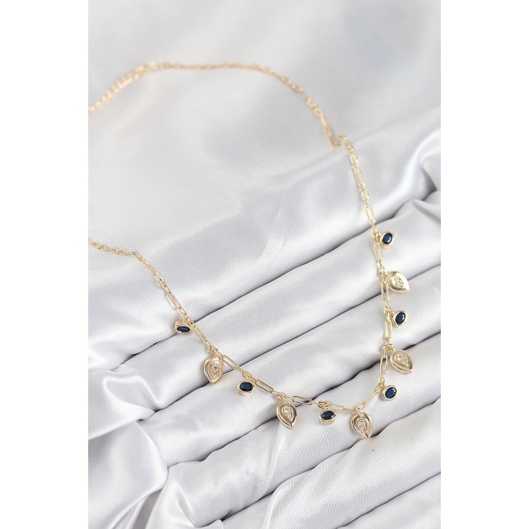 Gold-Colored Women's Necklace with Zircon Stone Dangle Drop Design - TJ-BKO10494