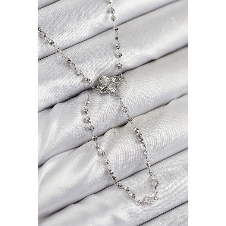 Clover Model Silver-Colored Women's Y Necklace with Zircon Stones - TJ-BKO10498 Clover Model Silver-Colored Women's Y Necklace with Zircon Stones - TJ-BKO10498