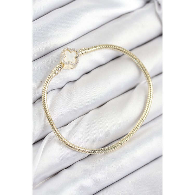 Gold-Colored Women's Bracelet with Rice Charm and Zircon Stone Clover Design - TJ-BB7805 Gold-Colored Women's Bracelet with Rice Charm and Zircon Stone Clover Design - TJ-BB7805
