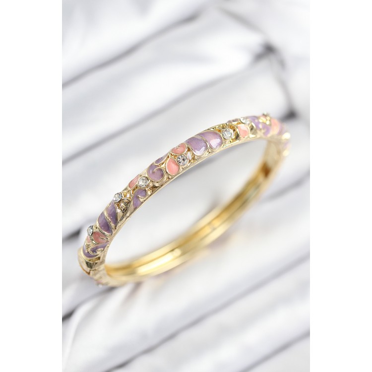 Gold Women's Bracelet with Pink and Purple Flower Motifs, Zircon Stones, and Gold Plating - TJ-BB7814 Gold Women's Bracelet with Pink and Purple Flower Motifs, Zircon Stones, and Gold Plating - TJ-BB7814