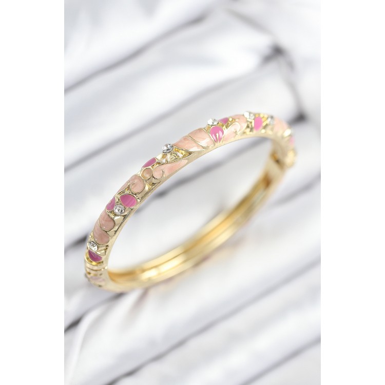 Gold Women's Bracelet with Pink Flower Motif, Zircon Stones, and Mineli Brass - TJ-BB7817 Gold Women's Bracelet with Pink Flower Motif, Zircon Stones, and Mineli Brass - TJ-BB7817