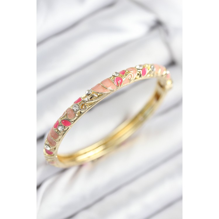 Gold Women's Bracelet with Pink Flower Motif, Zircon Stones, and Enamel - TJ-BB7818 Gold Women's Bracelet with Pink Flower Motif, Zircon Stones, and Enamel - TJ-BB7818