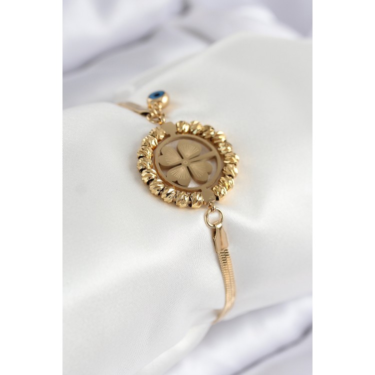 316L Stainless Steel Nazar Bead Detailed Clover Design Italian Chain Gold Color Women's Bracelet - TJ-BB7826 316L Stainless Steel Nazar Bead Detailed Clover Design Italian Chain Gold Color Women's Bracelet - TJ-BB7826