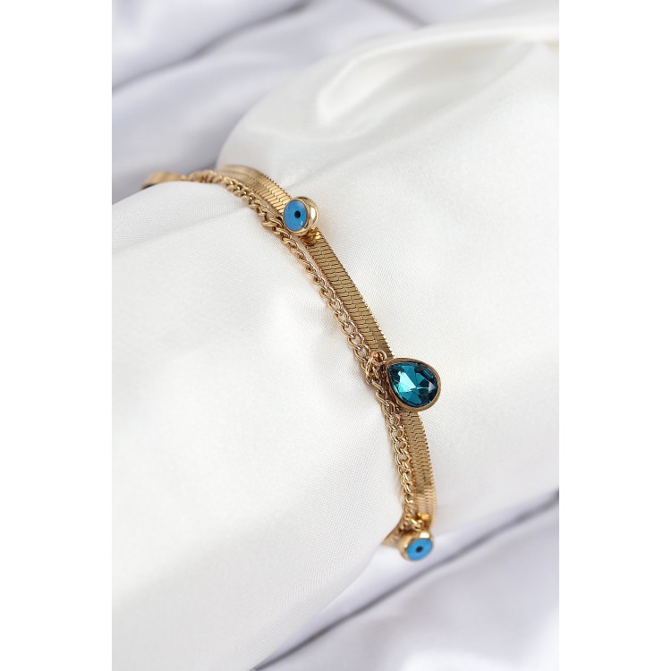 316L Steel Evil Eye Bead Detailed Blue Zircon Stone Model Italian Chain Gold Color Women's Bracelet - TJ-BB7828