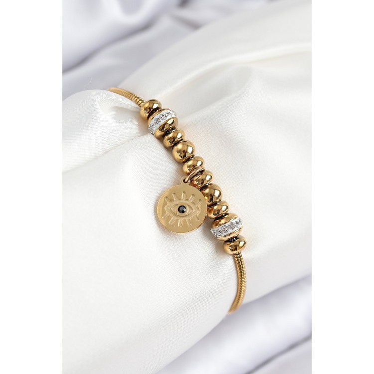 316L Steel Zircon Stone Eye Charm Model Gold Color Women's Bracelet - TJ-BB7842 316L Steel Zircon Stone Eye Charm Model Gold Color Women's Bracelet - TJ-BB7842