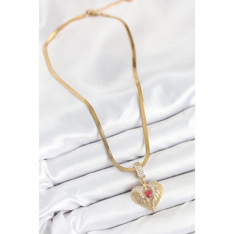 316L Steel Zircon Stone Winged Heart Model Gold Color Women's Necklace - TJ-BKO10533