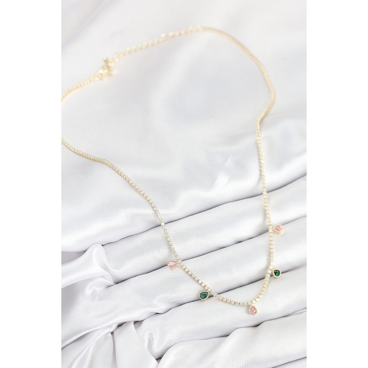 Gold-Colored Women's Necklace with Rice-Shaped Zircon Stone Waterway Drop Design - TJ-BKO10545