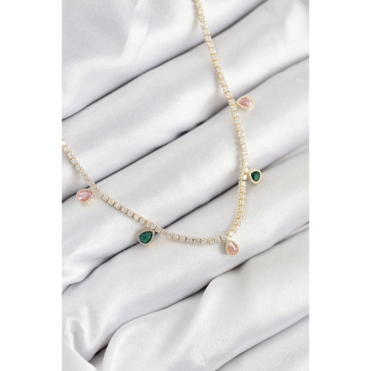 Gold-Colored Women's Necklace with Rice-Shaped Zircon Stone Waterway Drop Design - TJ-BKO10545