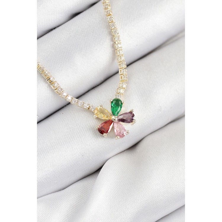 Gold-Colored Women's Necklace with Zircon Stone Waterway Assorted Flower Design - TJ-BKO10546 Gold-Colored Women's Necklace with Zircon Stone Waterway Assorted Flower Design - TJ-BKO10546