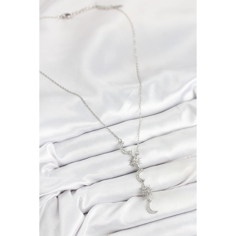 316L Steel Zircon Stone Sun and Moon Design Silver-Colored Women's Necklace - TJ-BKO10549