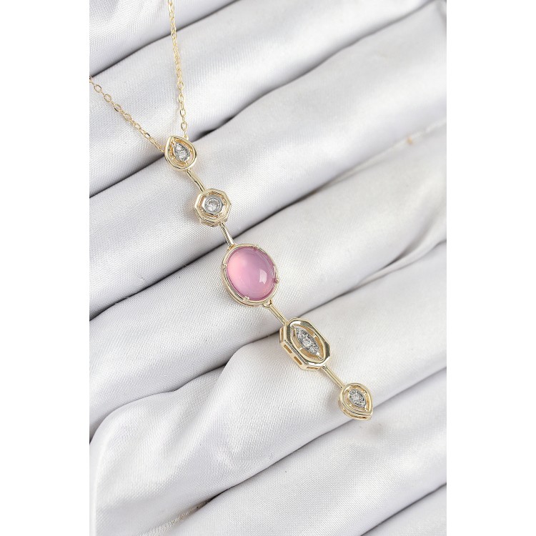 Pink Gold Color Zircon Stone Y Necklace with Rice Chain - TJ-BKO10554 Pink Gold Color Zircon Stone Y Necklace with Rice Chain - TJ-BKO10554