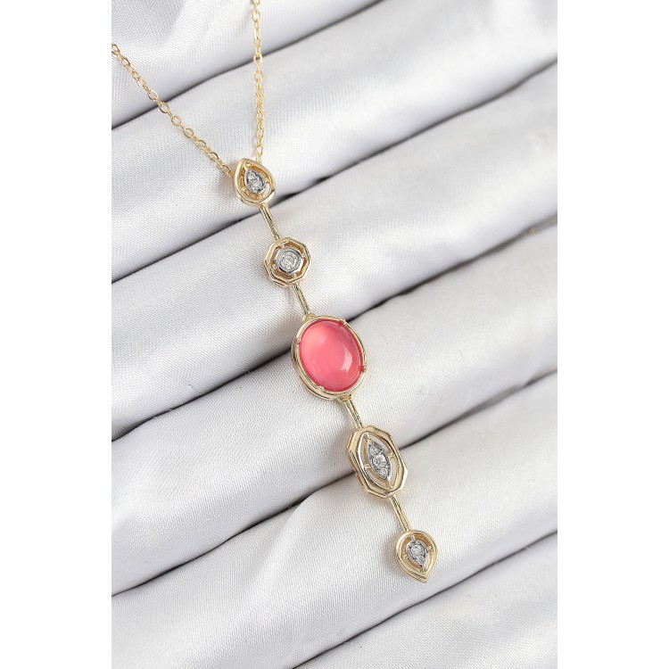Pink Gold Color Zircon Stone Y Necklace with Chain - TJ-BKO10556 Pink Gold Color Zircon Stone Y Necklace with Chain - TJ-BKO10556