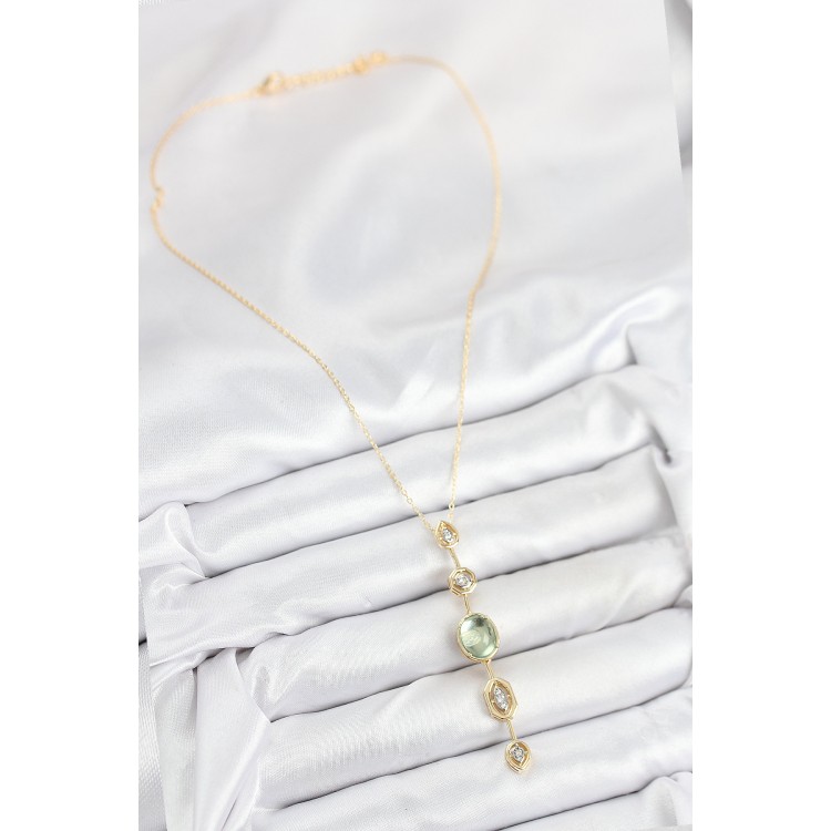 Green Gold Color Zircon Stone Y Necklace with Rice Chain - TJ-BKO10557