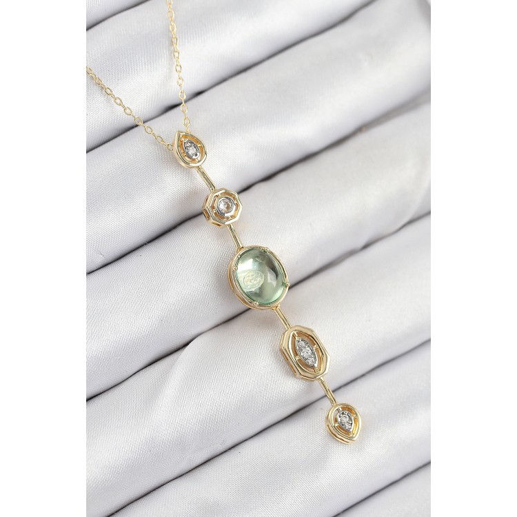 Green Gold Color Zircon Stone Y Necklace with Rice Chain - TJ-BKO10557 Green Gold Color Zircon Stone Y Necklace with Rice Chain - TJ-BKO10557
