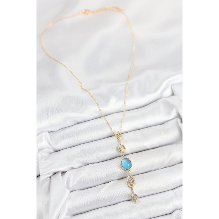 Blue Gold Color Zircon Stone Y Necklace with Rice Chain - TJ-BKO10558