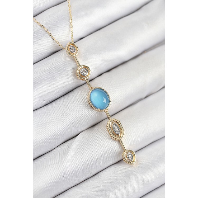 Blue Gold Color Zircon Stone Y Necklace with Rice Chain - TJ-BKO10558