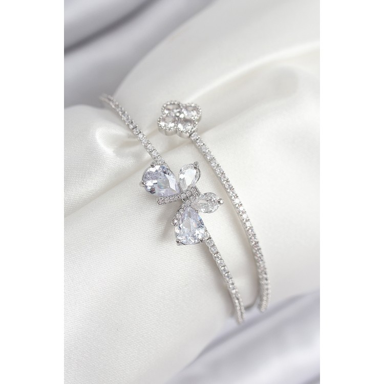 Silver-Colored Women's Bracelet with Zircon Stone Butterfly and Clover Design - TJ-BB7850 Silver-Colored Women's Bracelet with Zircon Stone Butterfly and Clover Design - TJ-BB7850