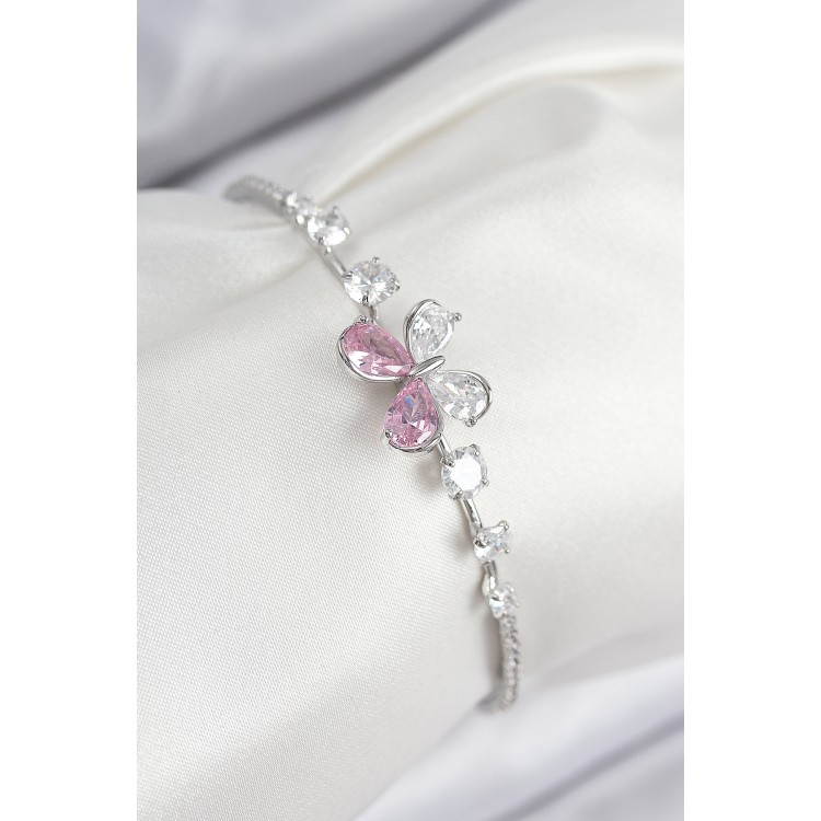 Silver-Colored Women's Bracelet with Zircon Stone Butterfly Design - TJ-BB7854