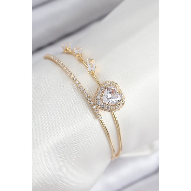 Gold-Colored Women's Bracelet with Zircon Stone Heart Design - TJ-BB7855