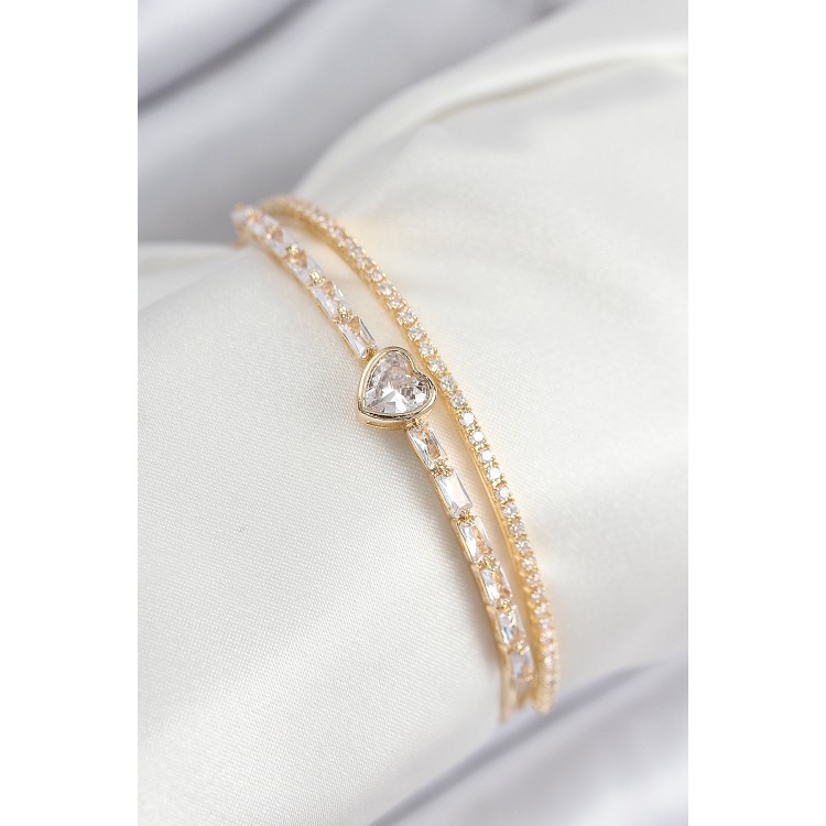Gold-Colored Women's Bracelet with Zircon Stone Heart Design - TJ-BB7873